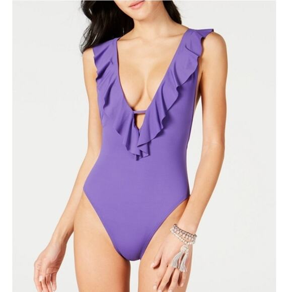 Bar III NWT Purple Ruffled Cross-Back One-Piece Swimsuit Size Large - Picture 1 of 5
